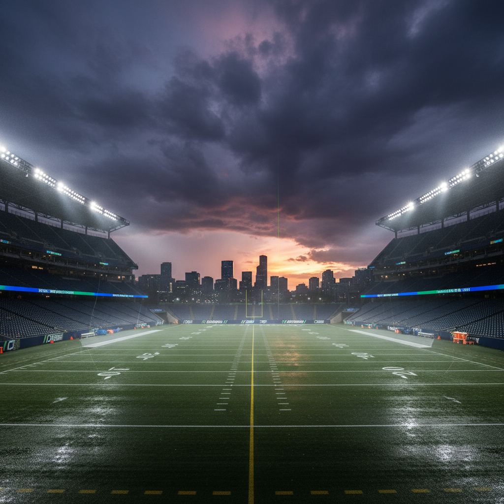A wide, photographic view of an empty, rain-soaked NFL stadium at dusk, seen from the 50-yard line, with deep emerald turf shimmering under towering, blazing floodlights. Thin mist hangs in the air, catching beams of white light, while the distant city skyline glows faintly beyond the open end of the stadium. Bold blue and green accent lights run along the lower bowl, hinting at a Seattle home field without logos or text. The sky is heavy with dark storm clouds splitting to reveal a thin streak of orange sunset. Shot at eye level with a slightly wide lens, the composition feels epic, dramatic, and perfect for bold, league-wide headline stories.