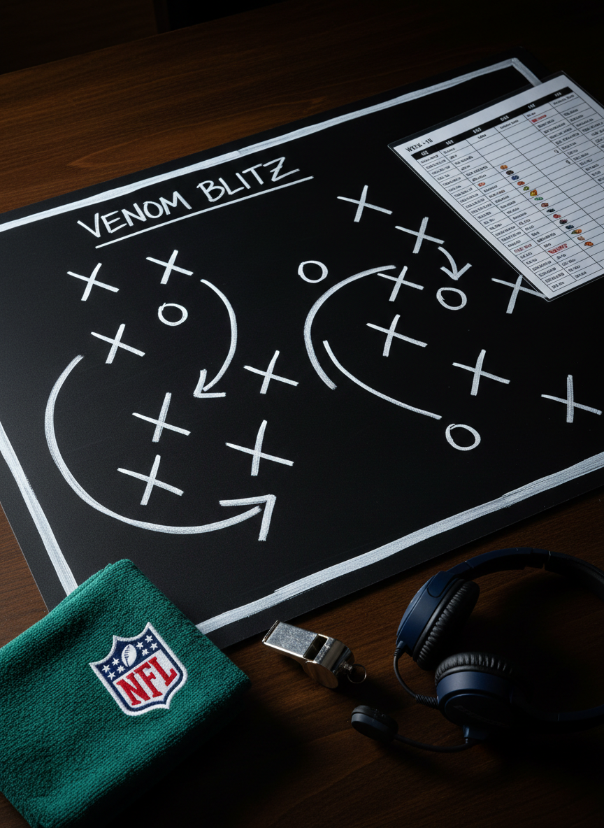 A dramatic photographic image of a pristine white NFL chalkboard-style play diagram drawn across a matte black surface, with sharp, clean Xs, Os, and arrows forming an aggressive blitz concept. The board rests on a wooden table with a dark stain, scattered with neatly arranged items: a polished silver whistle, a navy-blue headset, a folded emerald-green towel, and a laminated schedule marked “Week 1–18.” Overhead, cool studio lighting creates striking highlights on metallic surfaces and deep shadows in the chalk lines, giving the scene a bold, tactical atmosphere. Shot from a slightly elevated angle with crisp focus throughout, the composition feels like an intense war-room snapshot, perfect for covering league-wide strategy news.