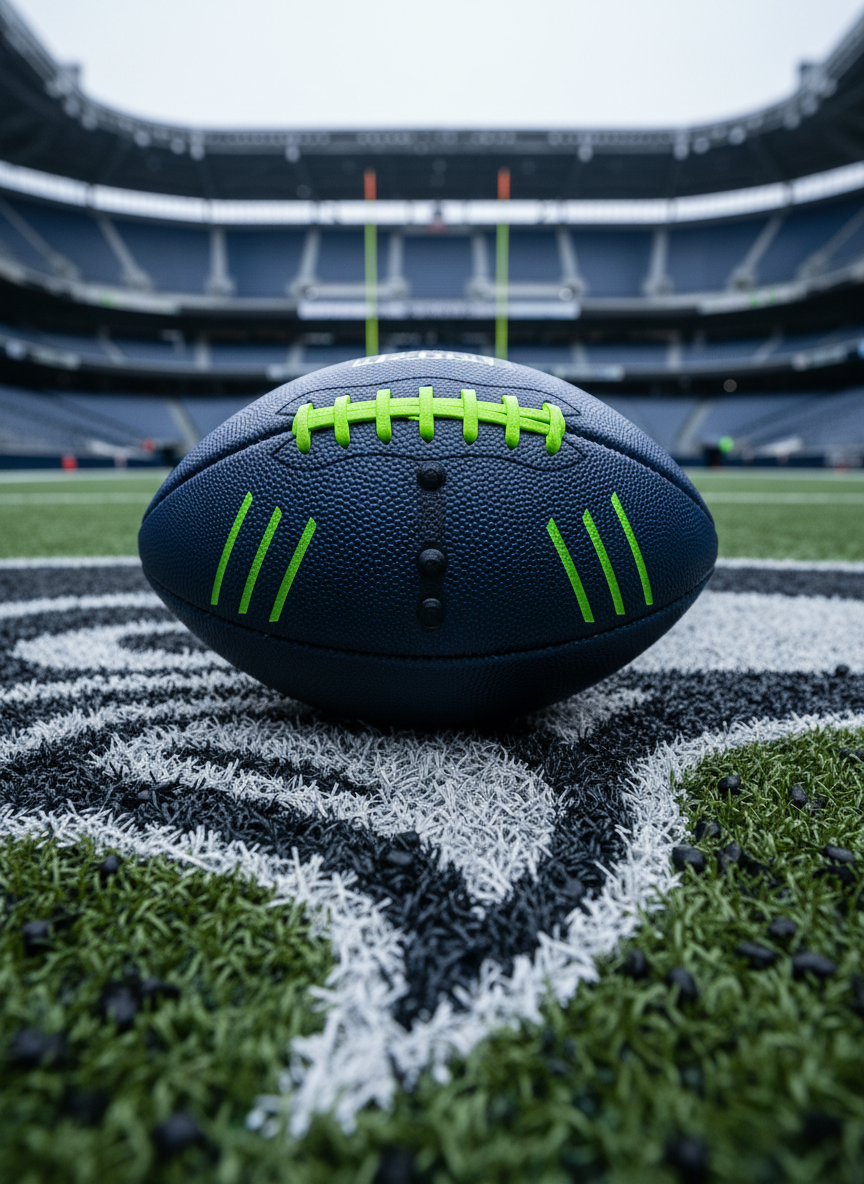 A tightly framed, photographic realism shot of a dark navy and neon-green NFL game ball resting on fresh turf at midfield, centered on a crisp, stylized hawk emblem. Tiny rubber pellets and individual grass blades are visible, glistening with moisture. Stadium seating and goalposts are blurred in the background, washed in cool, overcast daylight filtering through an open roof. Dramatic, low-angle composition with shallow depth of field emphasizes the ball’s textured leather and bold laces, creating a tense, anticipatory mood, as if seconds before kickoff. The overall atmosphere is bold, high-contrast, and modern, designed to scream “NFL headline” without using any human subjects.