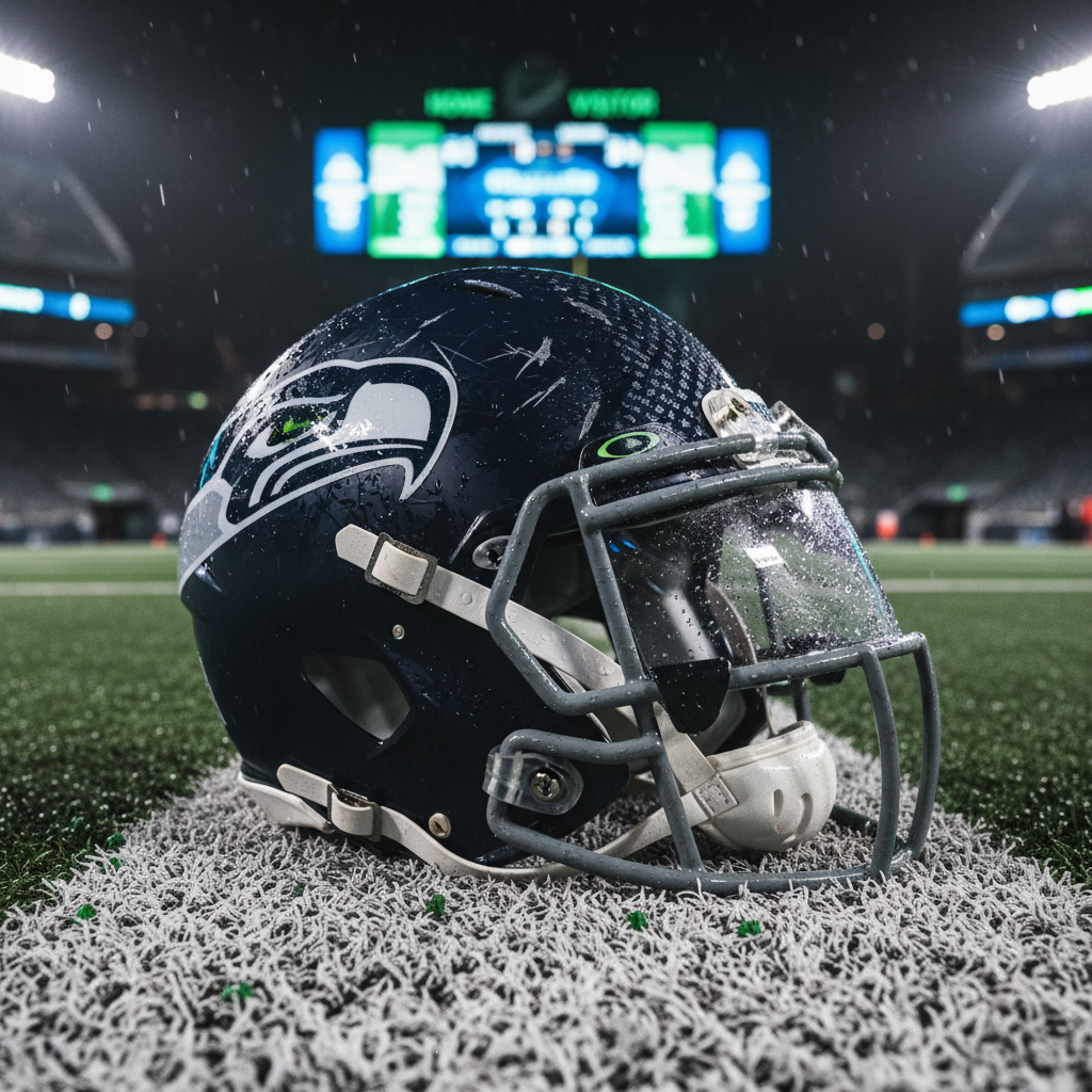 A close-up, photographic realism shot of a navy, action-worn Seattle football helmet with metallic green accents, sitting on the sideline atop a bright white yard-line stripe. Scuffed paint, tiny turf marks, and droplets of rain cling to the helmet’s facemask, emphasizing grit and history. In the blurred background, a bold digital scoreboard glows in blue and green hues under the cool, misty light of a night game, with stadium lights flaring dramatically. Captured from a low, sideline-level angle with shallow depth of field, the image feels intense and raw, conveying the hard-hitting identity of Seattle football without including any players.